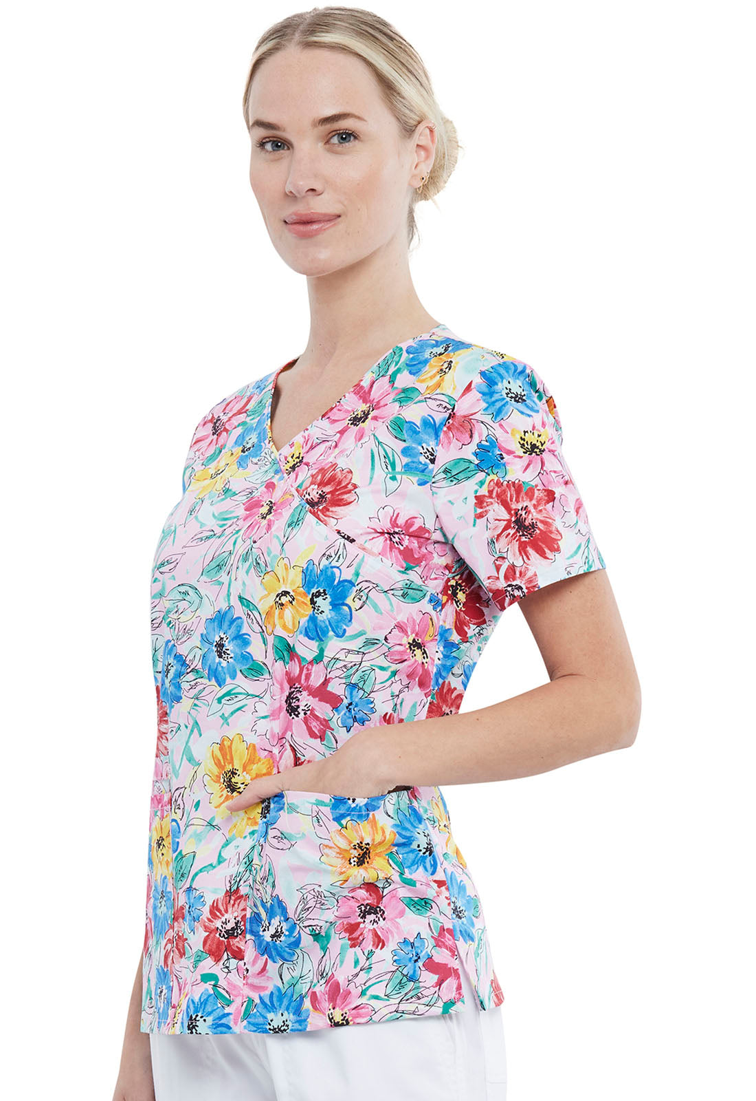 Cherokee Mock Wrap Print Top in Watercolor Blossoms