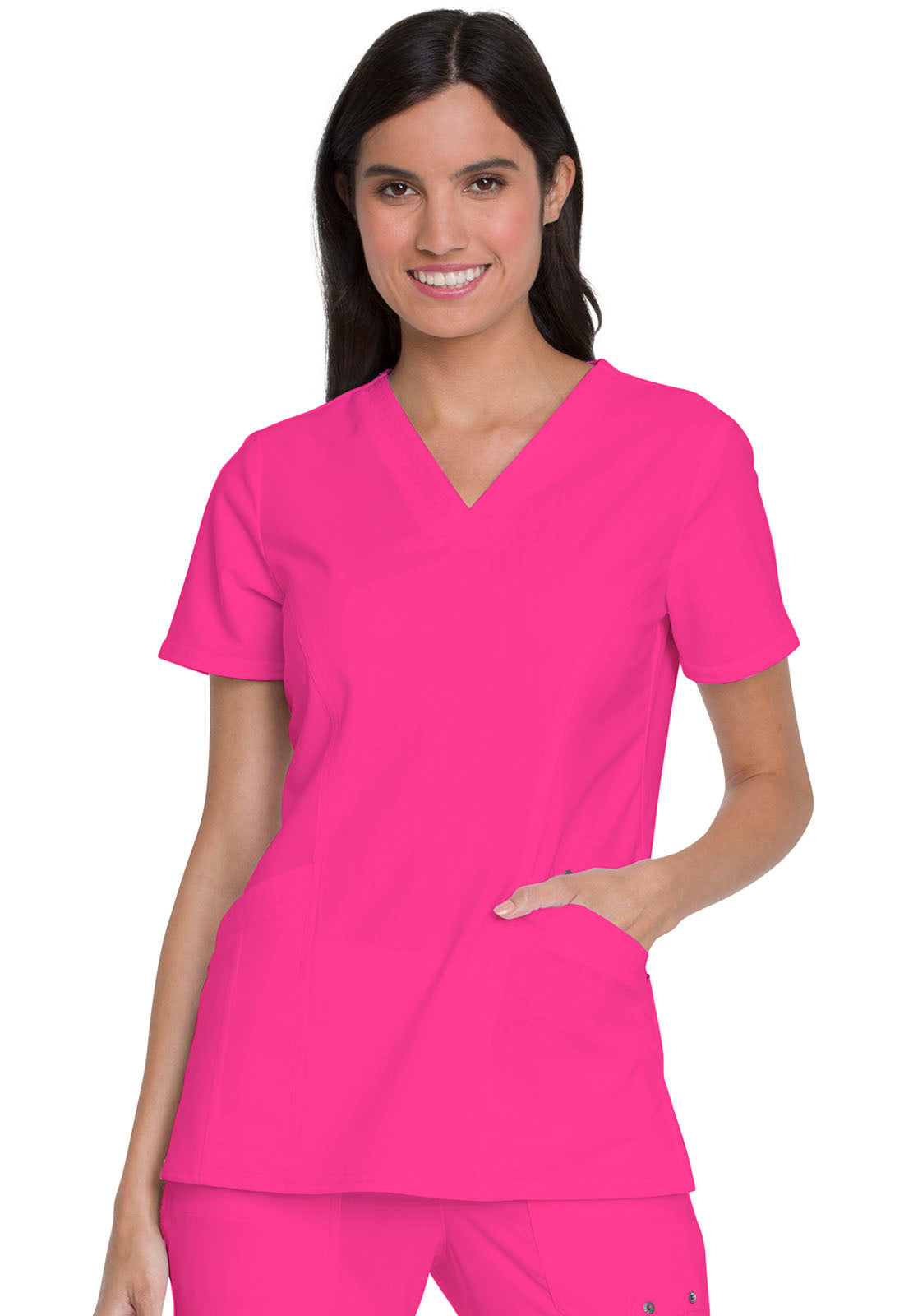 Dickies Advance V-Neck Top With Patch Pockets in Hot Pink